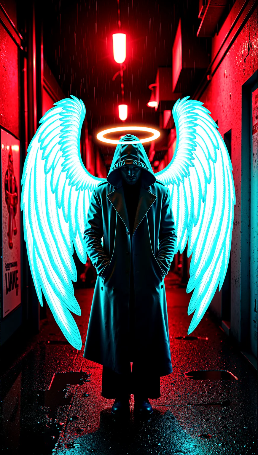 a mysterious angelic figure standing in a raining dark urban alley, adorned with extremely large ethereal bioluminescence angel wings that glow with a gradient of red, white, and blue, each feather catching the light in a different way. The figure is cloaked in a heavily detailed, graffiti-splattered trench coat, with a hood that casts a deep shadow over their face. The scene is illuminated by neon lights reflecting off wet pavement, with the figure's shining halo casting a soft, warm glow. The background is filled with intricate urban textures—cracked walls, faded posters, mural, and distant city lights. Ultra-detailed textures, dynamic lighting with high contrast, cinematic framing, wet texture details, raytracing details,
cinematic scene, cinematic lighting, intricate detail skin and facial texture, lifelike expression, accurate character design, dynamic pose, interesting and complex background details, complex dynamic pose,