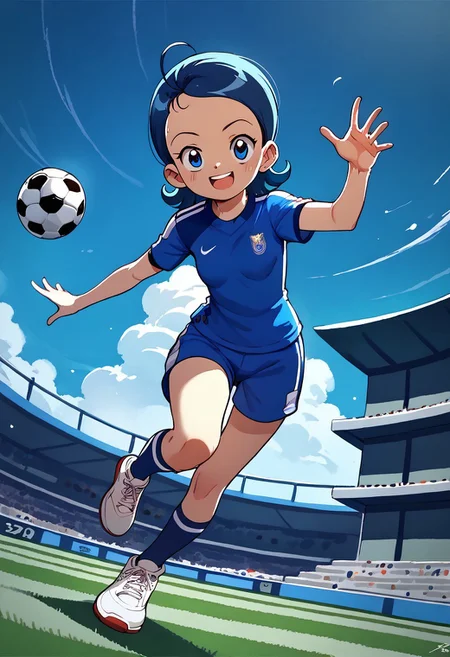 score_9, score_8_up, score_7_up BREAK Aiko1, 1girl, short blue hair, blue eyes, soccer uniform, soccer shoes, playing soccer, soccer field,