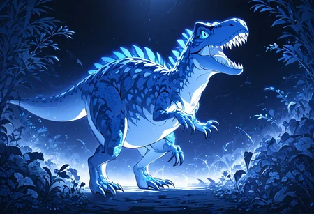 tiny t-rex, a beautifully crafted illustration in blue light, featuring intricate details, rich colors, and dynamic lighting that enhances depth and mood
