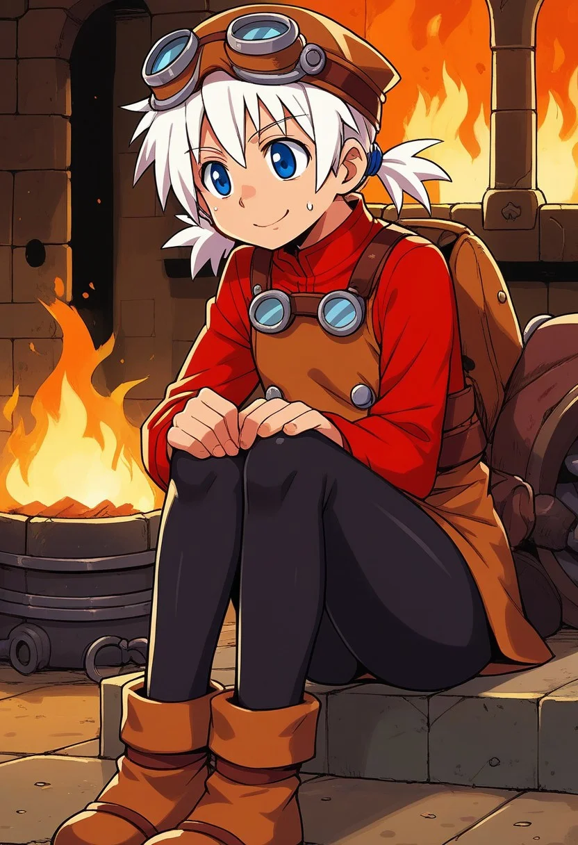 score_9, score_7_up, source_anime, BREAK solo, <lora:Pratty_XL:1> Pratty, blue eyes, short hair, white hair, short twintails, hair through headwear, goggles, brown headwear, red shirt, short over long sleeves, black long sleeves, red skirt, black pantyhose, leather breastplate, brown footwear, smile, sweat, smith, furnace, smithing, crafting, sitting, fire,