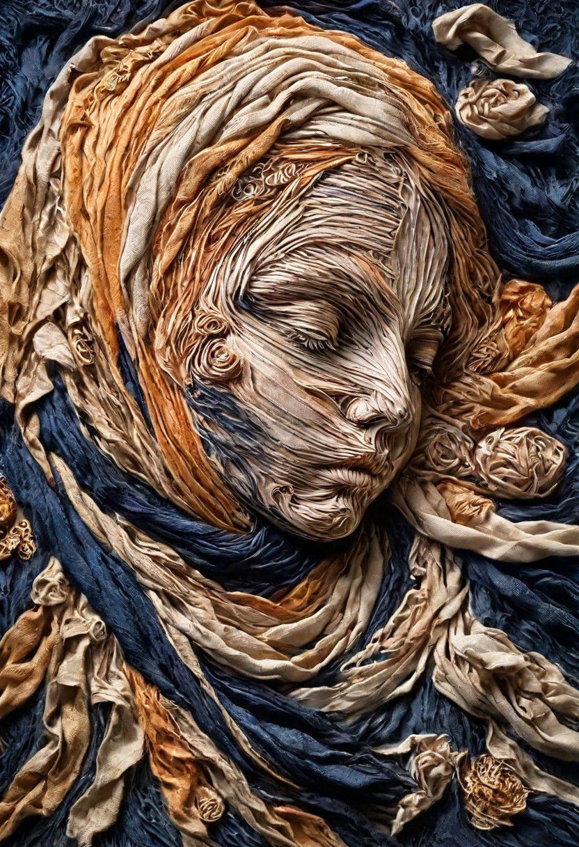 RAW closeup photo, sleeping baby, macro shot,( dark blue, orange, gold,  embroidery scarf), masterpiece, colorful details, golden threads embroideries, award winning, high detailed, 8k, natural lighting, analog film, amazing composition, intricate details, subsurface scattering, vellus gold hairs, amazing textures, soft light