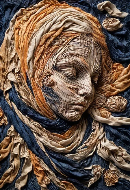 RAW closeup photo, sleeping baby, macro shot,( dark blue, orange, gold, embroidery scarf), masterpiece, colorful details, golden threads embroideries, award winning, high detailed, 8k, natural lighting, analog film, amazing composition, intricate details, subsurface scattering, vellus gold hairs, amazing textures, soft light