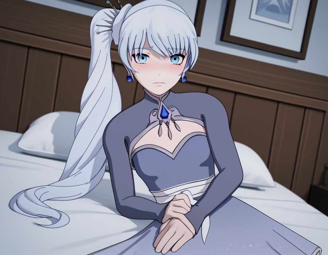score_9, score_8_up, score_7_up, source_anime, <lora:weiss-schnee-ponyxl-lora-nochekaiser:1>, weiss schnee, long hair, blue eyes, hair ornament, ponytail, white hair, side ponytail, scar, tiara, scar on face, scar across eye,, dress, jewelry, earrings, blue dress,, indoors, bed, bed room, on side, blush, drunk, looking at viewer, solo, cowboy shot, dutch angle