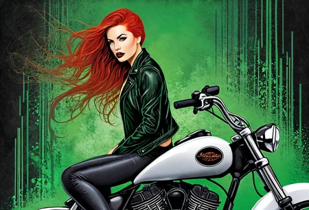detailxl, high quality, artistic-strokes-style,
(dark artistic blank background:1.3)
(full body shot, looking at viewer, angry, dark:1.4),
a biker with short, fiery red hair, eyes as green as emeralds, glowing with determination and a free spirit. Her face is dotted with freckles, each one a mark of the roads traveled and the adventures lived. She wears a black leather jacket, unzipped, teasing a glimpse of sensuality as her chest subtly reveals itself, without losing that rebellious, wild edge. She straddles her motorcycle, a beast of metal that seems like an extension of her body, ready to devour the road with the same passion she pours into her life