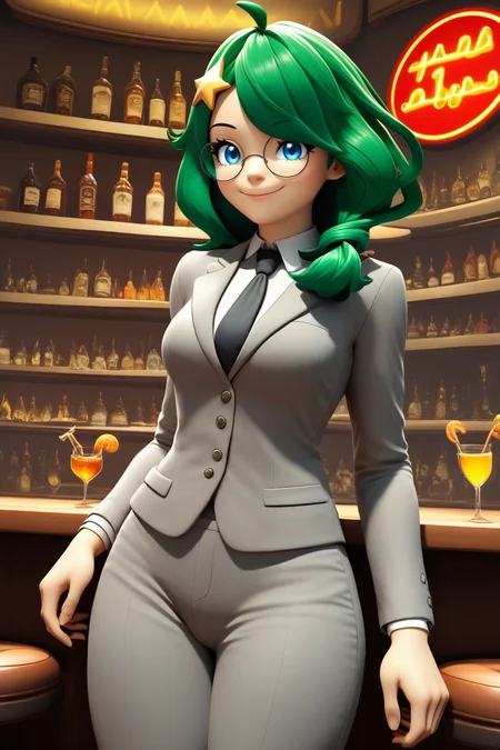 score_9, score_8_up, score_7_up, score_6_up, score_5_up, score_4_up, rival ivy, 1girl, solo,cowboy shot, green hair, blue eyes, , yellow star hair ornament, medium hair, hair over shoulder, ahoge,grey suit,grey jacket, white collared shirt,grey pants, black necktie,medium breasts,indoors,bar,neon sign,shelf, smile,blazer,round glasses,3d <lora:Rival_Ivy1-000016:1>
