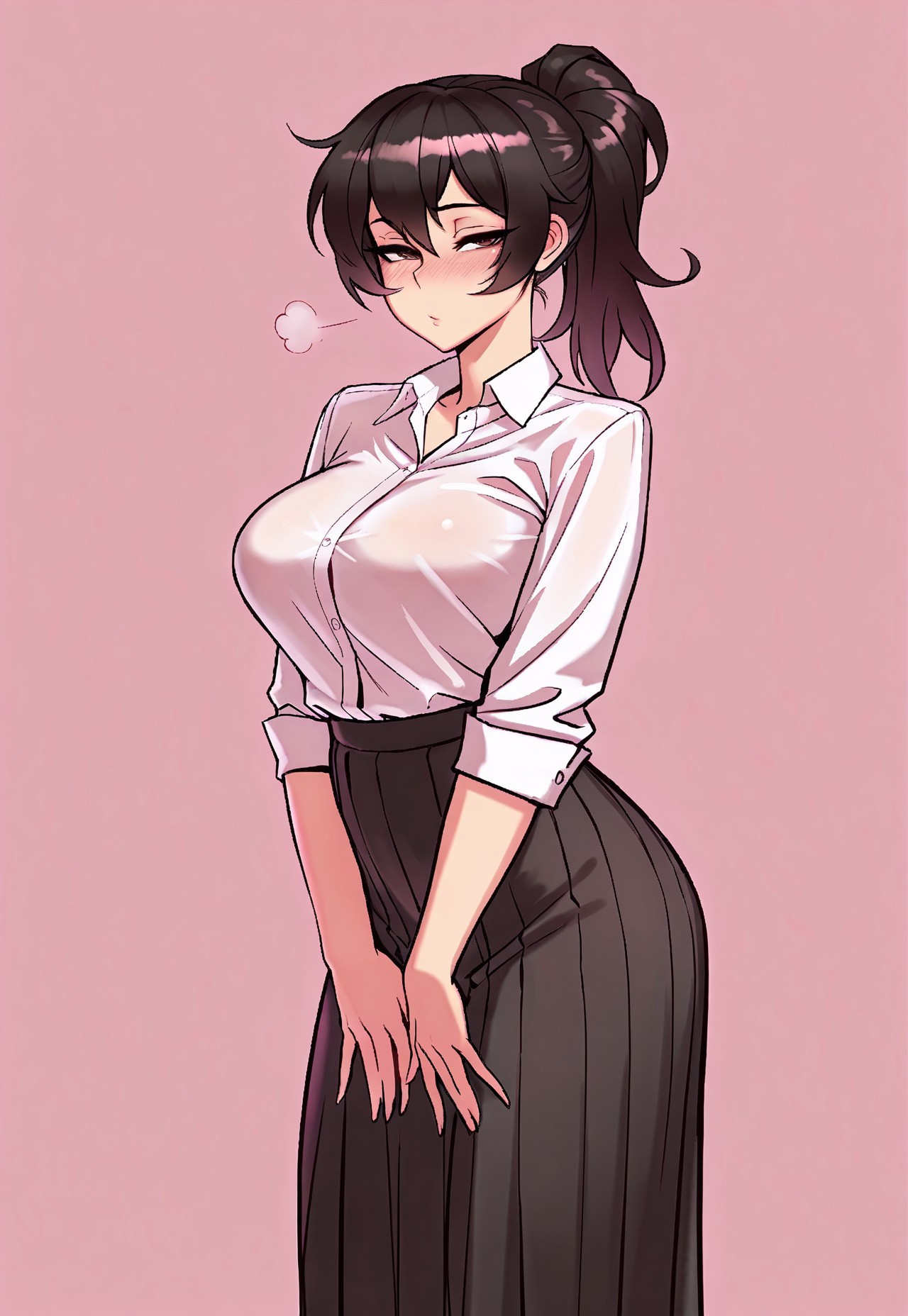 safe_pos, score_9, score_8_up, score_7_up,  sketchy style, introspective, masterpiece, best quality, L1v3F0rTh3F0nk, 1girl, solo, standing, looking at viewer, half-closed eyes, blush, brown eyes, sexy body, slender waist, slender body, perfect breasts, ponytail, (wild hair:1.5), black hair, formal shirt, white shirt, pleated skirt, long skirt, black skirt, pink background, simple background,