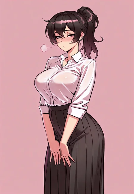 safe_pos, score_9, score_8_up, score_7_up, sketchy style, introspective, masterpiece, best quality, L1v3F0rTh3F0nk, 1girl, solo, standing, looking at viewer, half-closed eyes, blush, brown eyes, sexy body, slender waist, slender body, perfect breasts, ponytail, (wild hair:1.5), black hair, formal shirt, white shirt, pleated skirt, long skirt, black skirt, pink background, simple background,