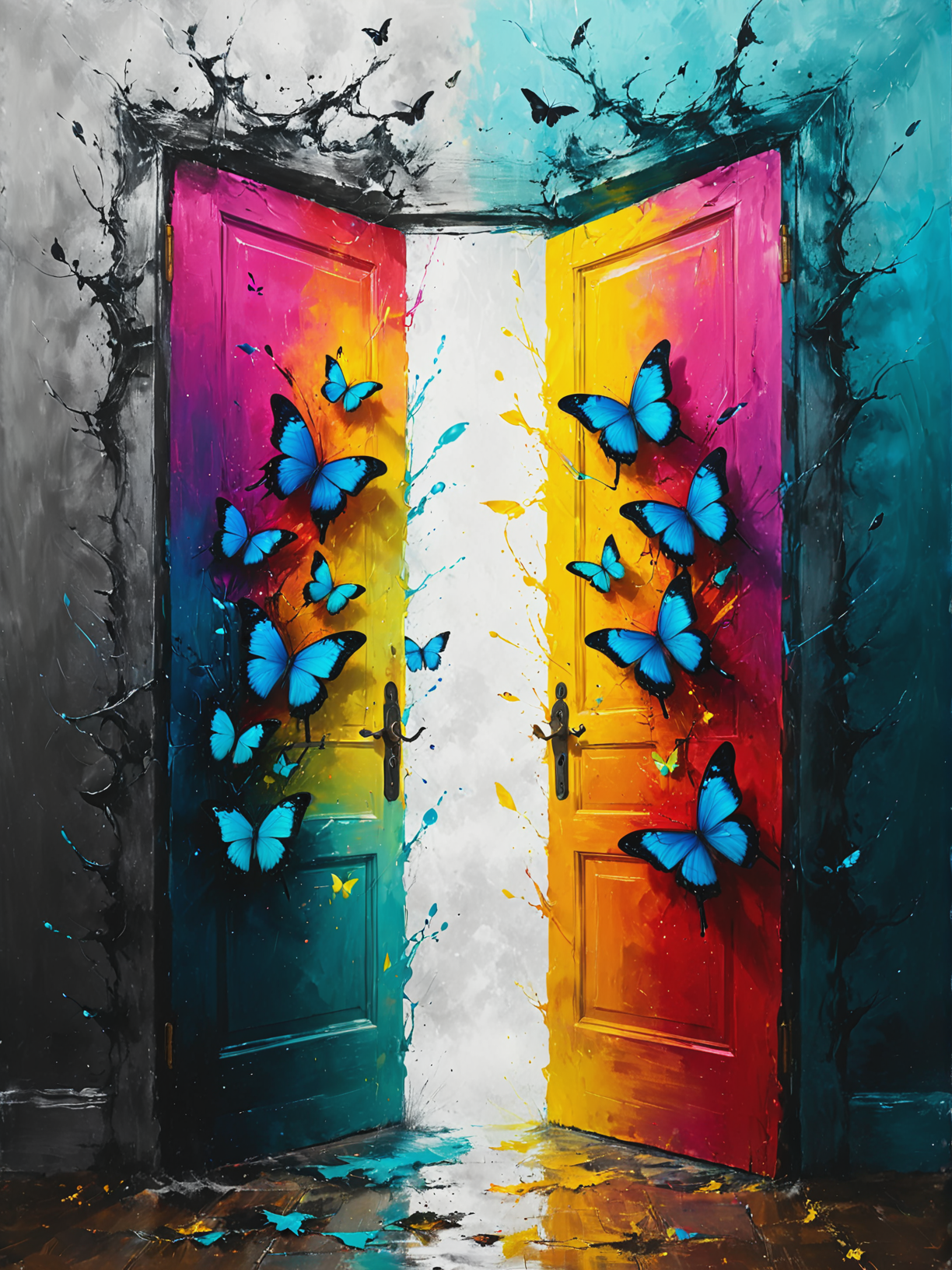 Quantum butterflies unlock parallel doorways, ultra-fine digital painting, <lora:xl_more_art-full_v1:0.3>,  <lora:Desolation:0.6> <lora:gorgoeus_splash_of_vibrant_paint:0.7> Gorgeous splash of vibrant paint