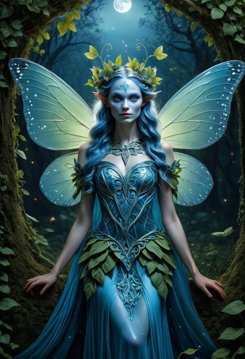 masterpiece, cinematic focus, award winning portrait of the beautiful fairy queen, ligt blue skin, flourescent butterfly wings, mesmerizing austere gaze, leaf dress, small faeries around the dress, full moon backgound, intricate details, flourishing nature, druidic magic, celtic folklore atmosphere