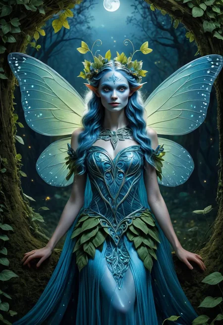 masterpiece, cinematic focus, award winning portrait of the beautiful fairy queen, ligt blue skin, flourescent butterfly wings, mesmerizing austere gaze, leaf dress, small faeries around the dress, full moon backgound, intricate details, flourishing nature, druidic magic, celtic folklore atmosphere