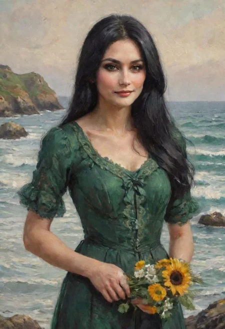 portrait painting of a 30 year old woman, long black hair, thin heart-shaped face, cheekbones, deep-set eyes, small dark green eyes, perfecteyes, thin lips, the upper lip is thinner than the lower lip, soft smile, victorian dress, posing on the coast of cornwall, sunrise, marine art, Style-Autumn