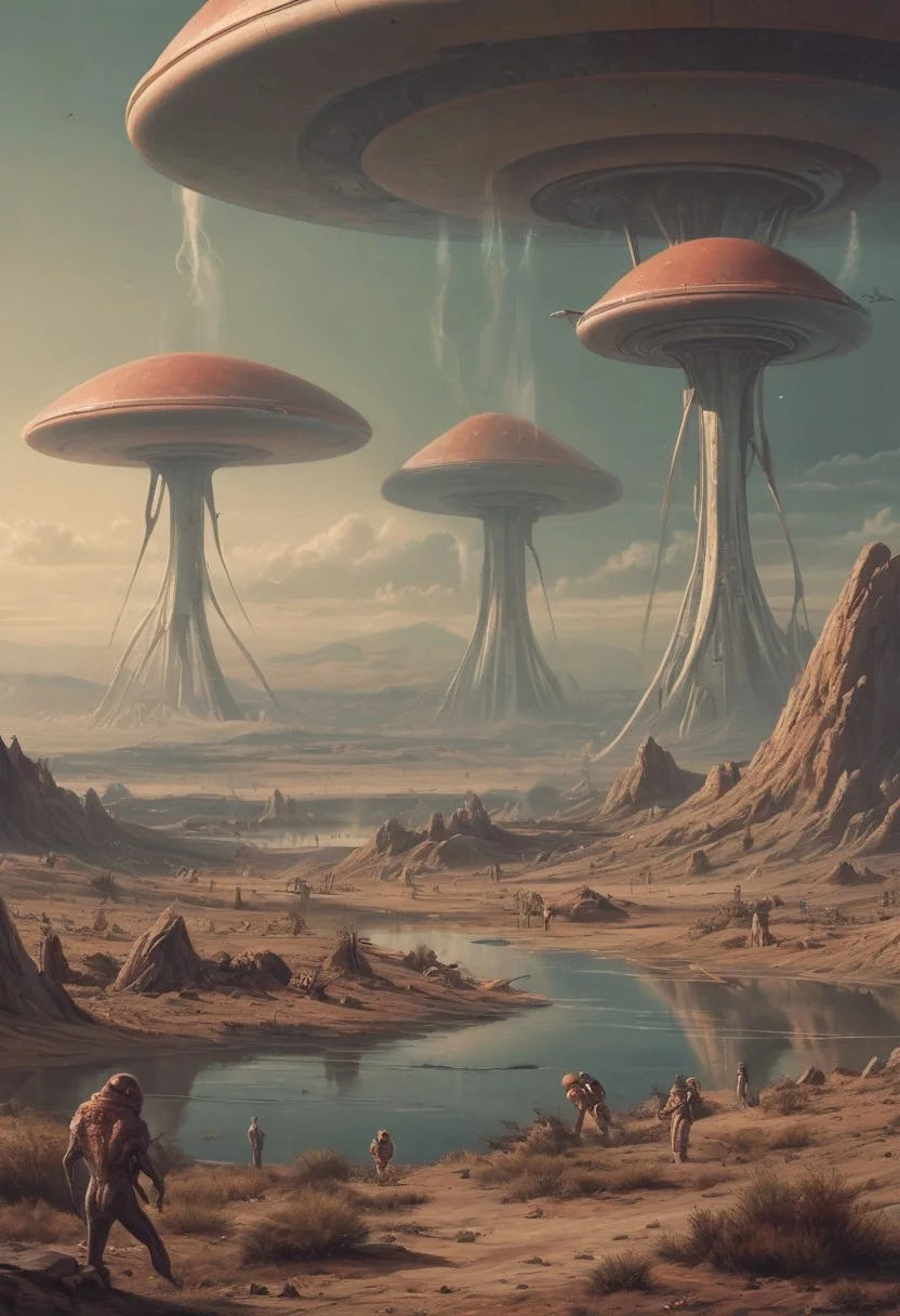 atomic-age landscape, alien creatures