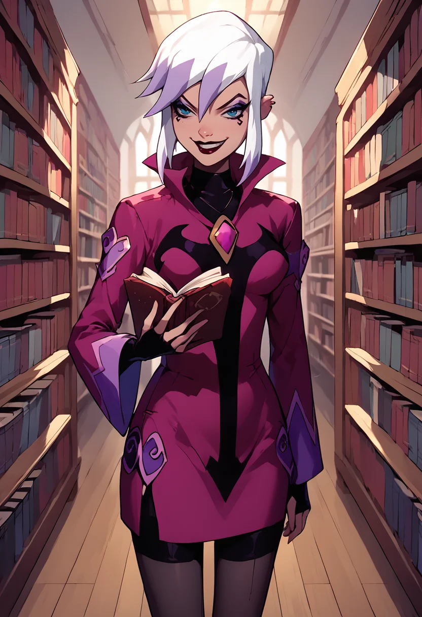 charmcaster, white hair, two-tone hair, makeup, dress, smirk, skirt, black pantyhose, library, reading, book, holding book, <lora:Charm-08:1>
