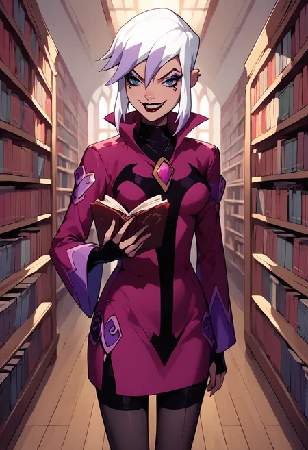charmcaster, white hair, two-tone hair, makeup, dress, smirk, skirt, black pantyhose, library, reading, book, holding book,  <lora:Charm-08:1>