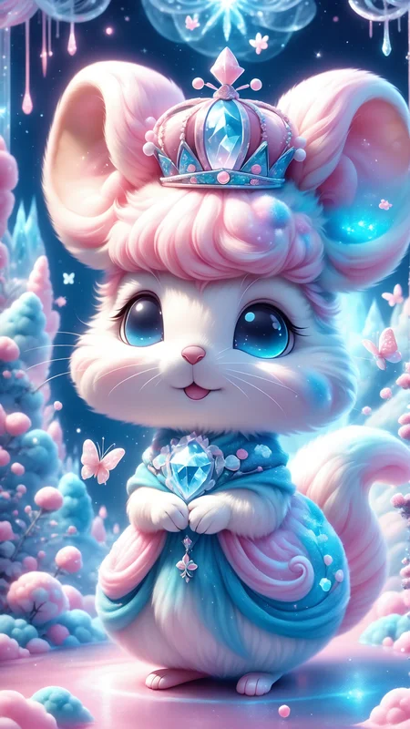 <lora:SDXLCottonCandy:1> cottoncandy, 3d animation, A chibi mouse wearing a princess dress and a crown of ice, the ice is so cold that it is surrounded by ice mist, the ice crystals on the crown reflect the light, moody light, the crown is surrounded by butterflies made of stardust that sit on the crown, the background is made of ice, cuteness overload, magical atmosphere, 3d, Detailed, intimate, clear, personal, highly contrasted, excellent composition, advanced cinematic perfect light, highly color focused, very inspirational, animated, cute, toonish, (dancing:1.2), (snow floating around) <lora:SDXLFaeTastic2400:0.4>
