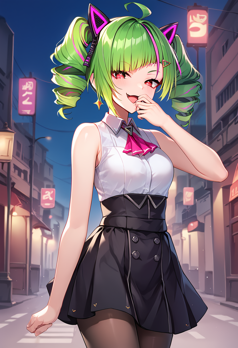 delutaya, green hair, twintails, long hair, red eyes, virtual youtuber, earrings, jewelry, pantyhose, drill hair, ahoge, sleeveless,  shirt, multicolored hair, twin drills, delutaya costume new, ascot, cat headphone, fake car ears, asymmetrical bangs, diagonal bangs, BREAK outdoors,city street, night BREAK sexy pose, looking at viewer, sexy face, cowboy shot, dynamic pose, hand near mouth, smug face, open mouth BREAK score_9, score_8_up, score_7_up, source_anime ,zPDXL, perfect hand,  <lora:Delutaya:0.8>, bare arms