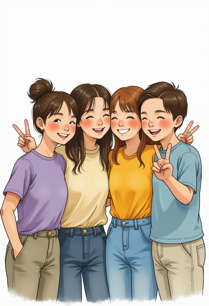 A watercolor anime style group portrait of friends together, smiling, group hug, peace gesture