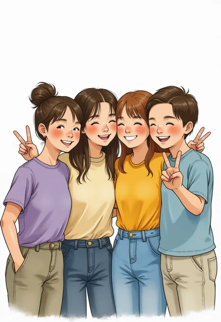 A watercolor anime style group portrait of friends together, smiling, group hug, peace gesture