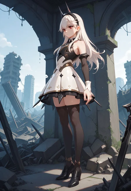 absurdres, masterpiece, best quality, very aesthetic, HDR, 8K, ultra-detailed, anime, 748cmstyle, standing, ruins,
1girl, PrincessLexa, solo, long hair, white hair, bangs, hairband, red eyes, black thighhighs, detached sleeves, bare shoulders, white dress, armor, black footwear, high heels, spikes, skindentation, shiny skin, dominant female, (skinny),