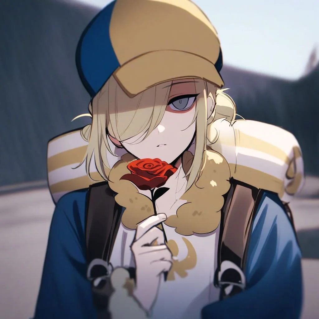 solo, 1boy, male focus, blonde hair, grey eyes, hair over one eye, long hair, masterpiece, best quality, absurdres, VoloGinkgo, blue jumpsuit, fur trim, apron, brown belt, backpack, baseball cap, two-toned headwear, blue headwear, yellow headwear, hair bun, sidelocks, very aesthetic, rose, holding, holding flower, red flower, outdoors, looking at viewer, parted lips, shaded face