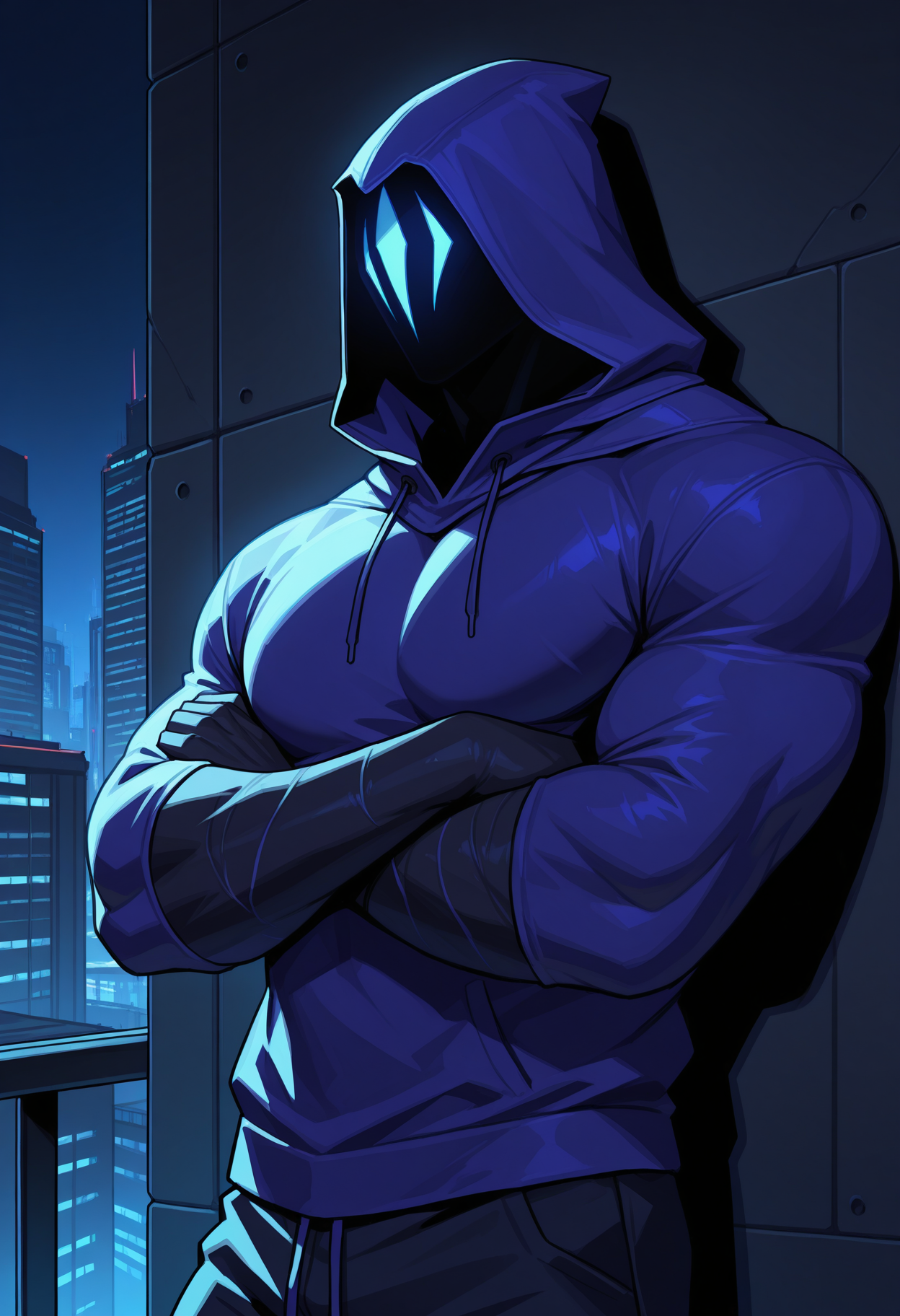 solo, city, neon, night, omen, hood, leaning against wall, crossed arms, male focus, muscular, hoodie, detailed, perfect anatomy, masterpiece, high quality, best quality, highres, aesthetic <lora:Omen_Valorant_V1_ILXL:0.8> <lora:detailed_notrigger:1>