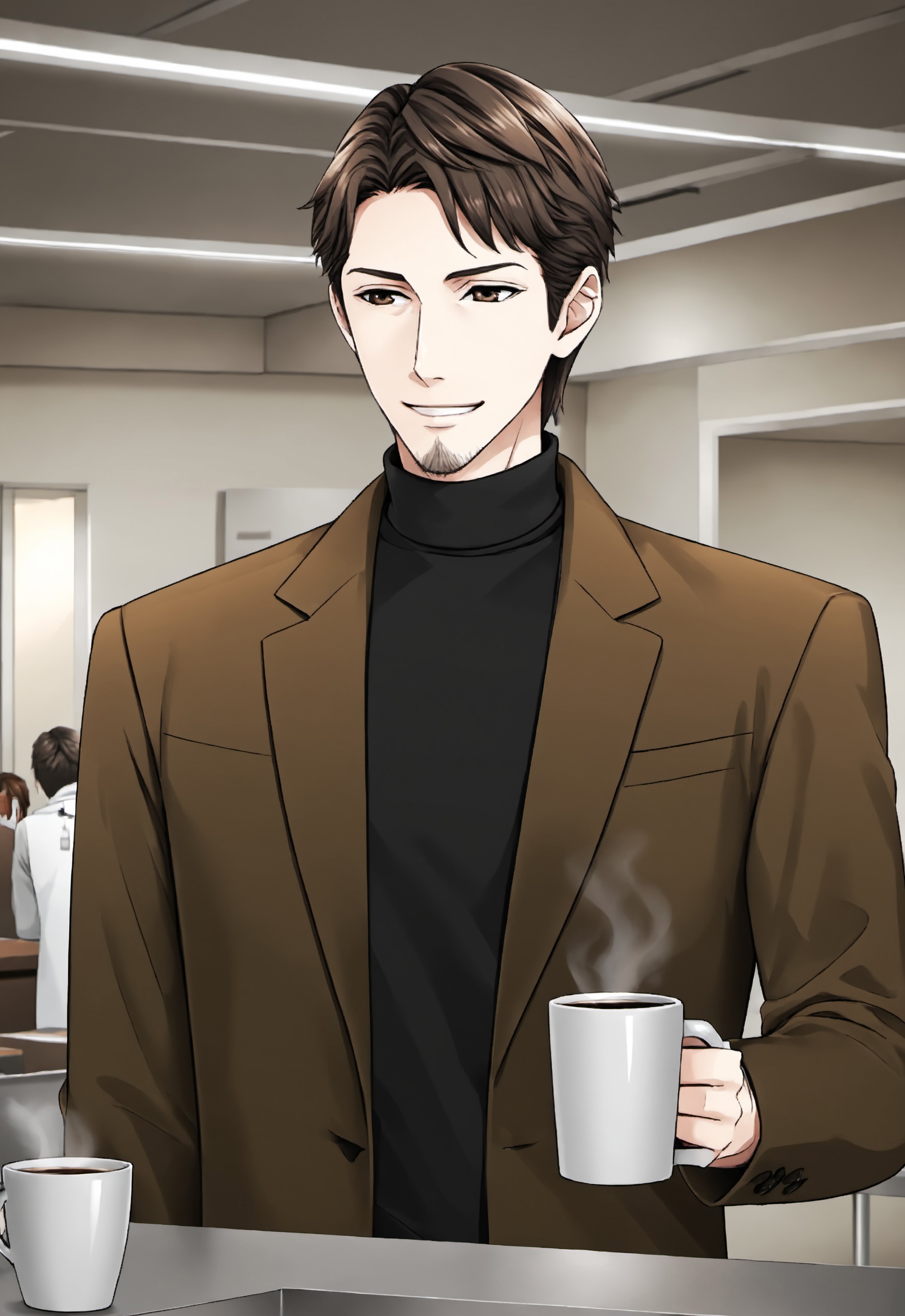 safe_pos, safe_pos, safe_pos, score_9, score_8_up, rating_nsfw, ultra hd, absurdres, best quality, best aesthetic, masculine, solo, 1boy, male focus, perfect proportions, erotic, mature male,

RMDMatsunaga, brown hair, facial hair, brown eyes, jacket, anime screencap, hospital background, half body, smiling, Expressiveh, break room, turtleneck, holding mug, coffee