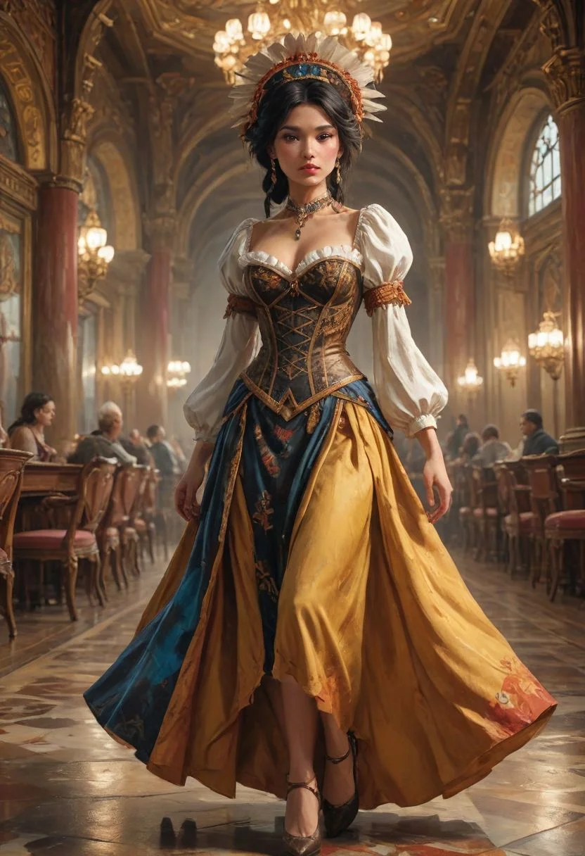 unique perspective, unique angle, comic book angle and perspective, intricate details, hyper-detailed, hyper-realistic, cinematic, depth of field, volumetric light, translucency, concept art, (low saturation:1.5),
Renascence Palace Ballroom At Night
looking at viewer, Whole body focus, sexy pose, full body shot,
1 mature woman,
Disney Pocahontas costume, dark skin, (black hair:1.4), worn up, Disney Princess Style Dress, Colorful Clothing, Puffy sleeves, Puffy skirt, corset, fancy Hat,
(square jaw line:2), (cheekbones:2), (cheek sink:2),
Cleavage, Massive breasts,
24 Year Old Supermodel,
Makeup, freckles, skin imperfections,
Fake Eyelashes,
fleshy big lips,
slender body,
long legs,
The art draws inspiration from NijiExpress 3D, abstract techniques, AirBrush effects, decorative details, 64k resolution popularized on Artstation, oblin academia, clayton crain, andrea kowch, daniel f. gerhartz, Karol Bak, Luis Royo, calm, andrew yang,