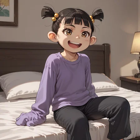 score_9, score_8, score_7, break, solo, female child, mushi_s, twintails, hair bobbles, black hair, sleeves past fingers, black pants, sitting, bed, open smile