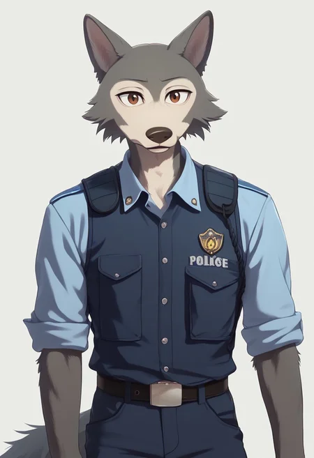 anthro furry male wolf Legoshi,slim body,boy,men, solo, portrait,((male Japanese Summer Police Uniform,light-blue collared shirt, rank slides,short sleeves,sleeves rolled up,dark blue pants,Walkie-Talkie)),((gray fur)),standing,skinny, looking at viewer, fur body,realistic style, (simple background,complex background,sexy pose,wolf tail,Brown eyes,big eyes,cartoon eyes,score_9,score_8,score_7,score_8_up,score_7_up,score_6_up,