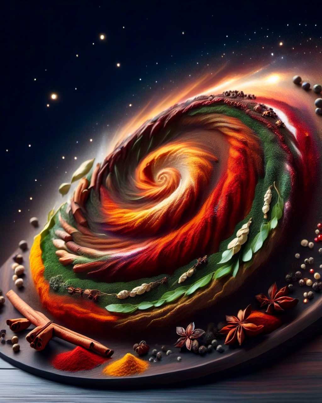 Herbs_Morf, a spiral galaxy made of herbs cinnamon spices seeds, on top of a table, realistic, 4k, masterpiece