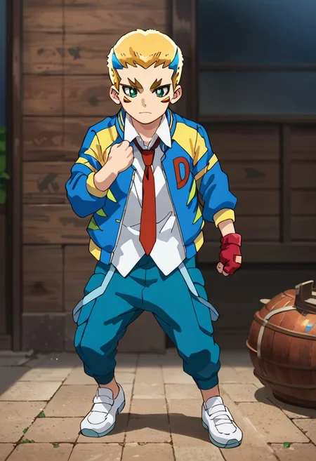 score_9, score_8_up, score_7_up, score_6_up, highly detailed,Good Colors, Glowing Skin, Good Shading, Good Eyes, Contrast Shading, 1boy,handsome boy, male focus, solo, correct anatomy, Dante, 1boy, male_focus, yellow hair, blue hair, multicolor hair, green eyes, facial mark, white shirt, yellow and blue jacket, red tie, blue pants, white shoes, red glove