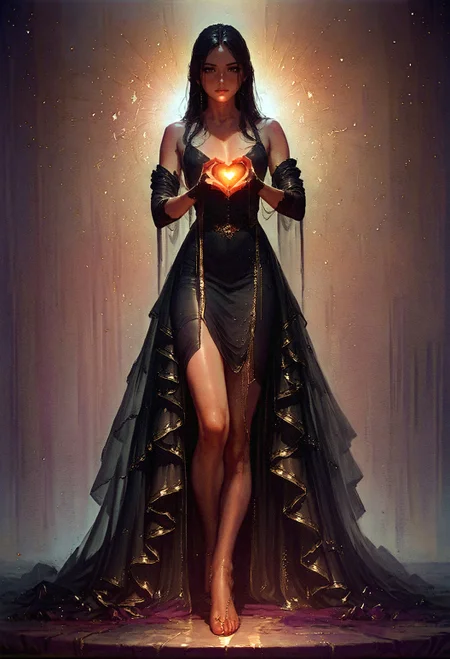 score_9, score_8_up, score_8,  full body, sorceress, solo, black dress, black lace gloves, petite body, black hair, holding a glowing golden heart, elegant, graceful  <lora:pony/twilight_style:0.8> concept art, realistic <lora:sdxl/princess_xl_v2:0.8> <lora:sdxl/sinfully_stylish_sdxl>