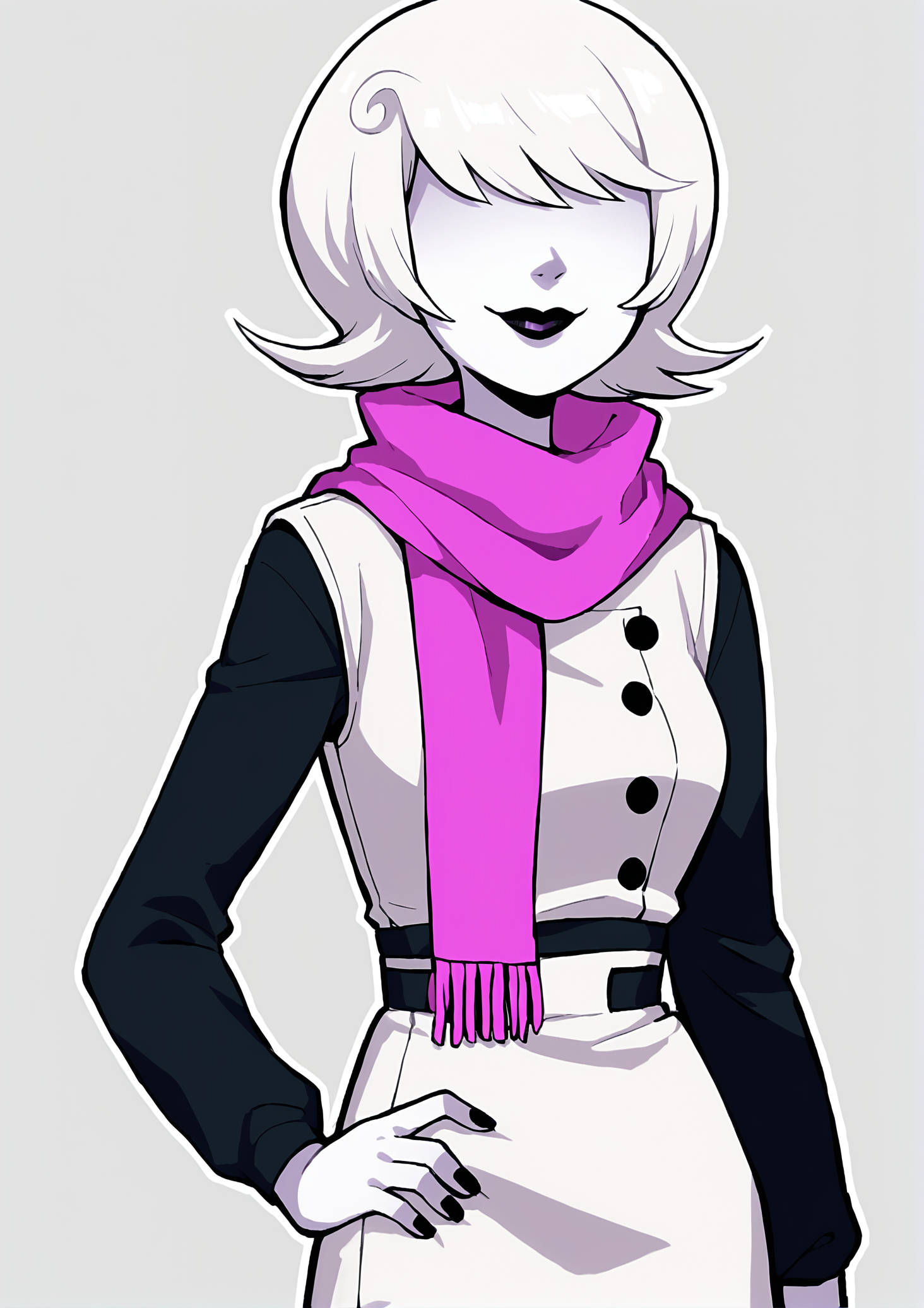 score_9, score_8_up, score_7_up, score_6_up, score_5_up, score_4_up, 2d, anime, anime artstyle, simple shadows, flat coloring, flat shadows, thick lines, white outline, <lora:Roxy_Lalonde_-_Homestuck__Variant_canon_outfits__SDXL_Pony:1> roxlal, roxmom, 1girl, solo, smile, short hair, simple background, white hair, scarf, hand on hip, makeup, colored skin, lipstick, hair over eyes, official style BREAK source_anime