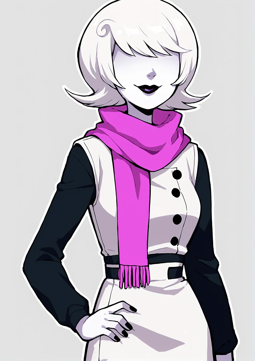score_9, score_8_up, score_7_up, score_6_up, score_5_up, score_4_up, 2d, anime, anime artstyle, simple shadows, flat coloring, flat shadows, thick lines, white outline, <lora:Roxy_Lalonde_-_Homestuck__Variant_canon_outfits__SDXL_Pony:1> roxlal, roxmom, 1girl, solo, smile, short hair, simple background, white hair, scarf, hand on hip, makeup, colored skin, lipstick, hair over eyes, official style BREAK source_anime