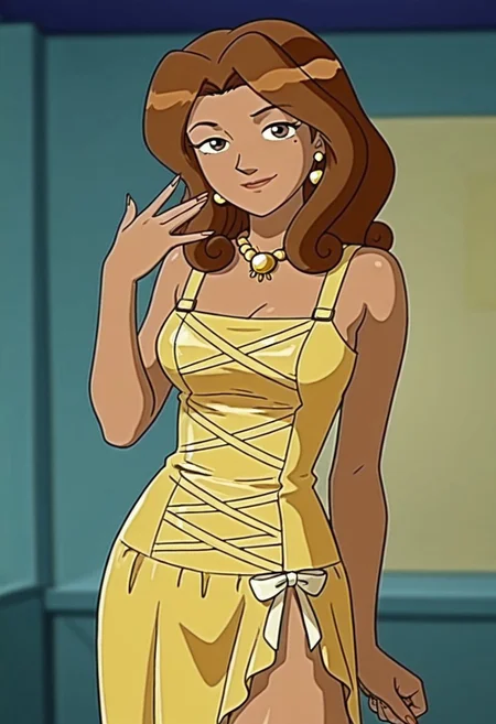 masterpiece, best quality, good quality, 1girl, solo, cartoon, parody, official style, gazella_totally_spies, brown eyes, brown hair, medium hair, tan, mole, jewelry, necklace, earrings, yellow dress, side slit, sexy, large breasts, beautiful, detailed, high detailed, very beautiful, detailed face, detailed eyes, detailed hand, fingernails, long nails, abstract background, smile, looking at viewer, pose, modeling, face focus