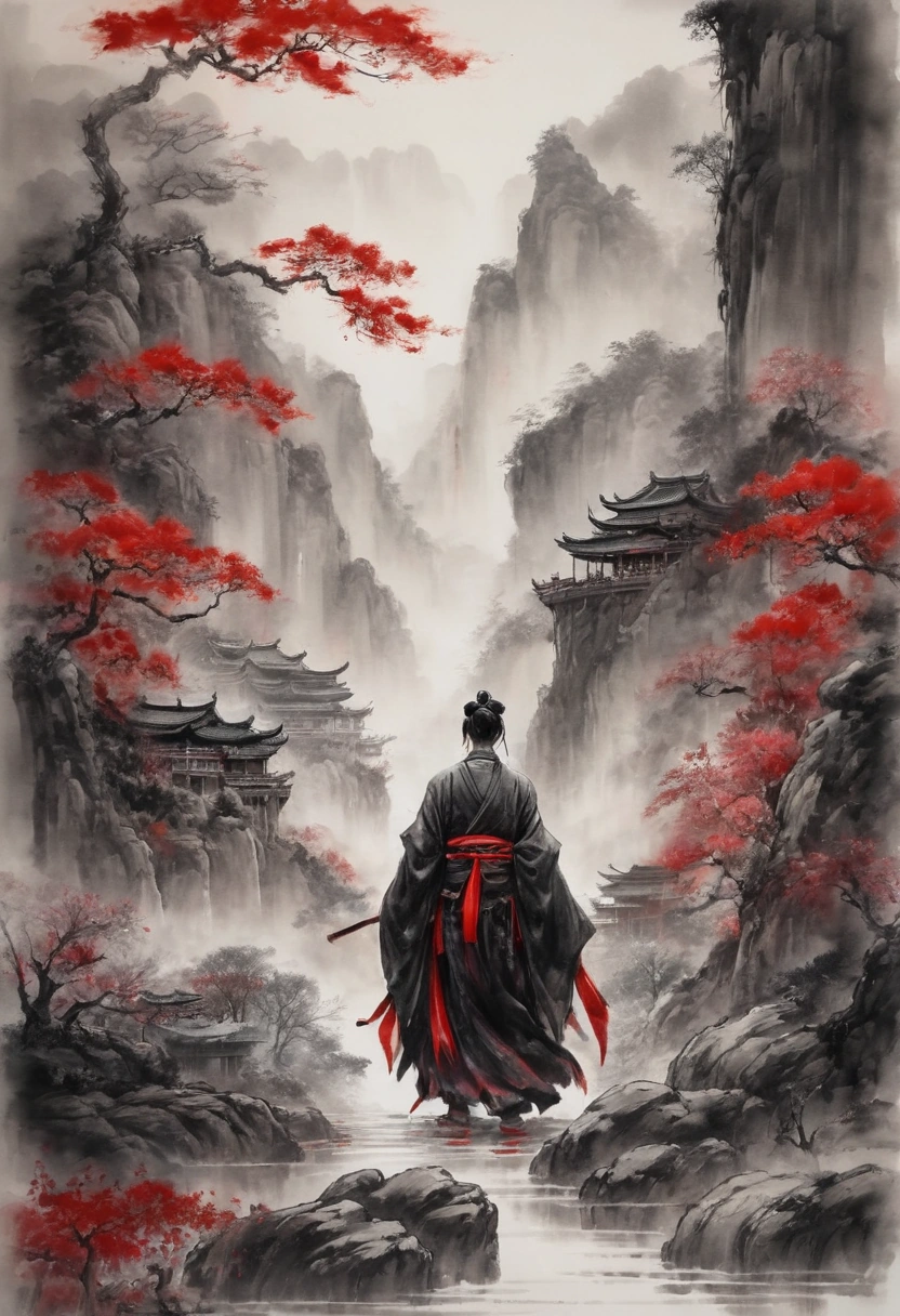 ink wash painting of cinematic xianxia, black and red, extremely detailed, high contrast