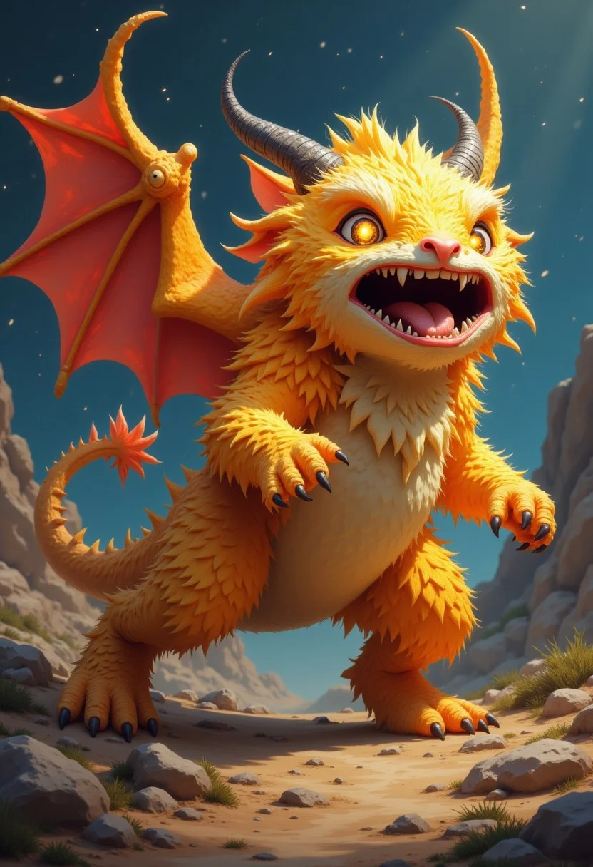 Fluffy animal huge Chibi Neon yellow glowing eyes doing a scare JUMP flying Mini dragons in Background