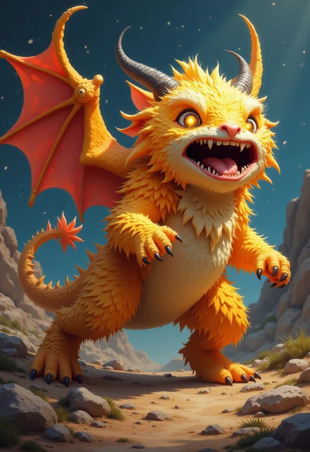 Fluffy animal huge Chibi Neon yellow glowing eyes doing a scare JUMP flying Mini dragons in Background
