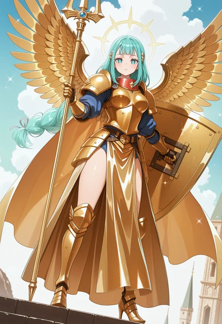 1girl, suelecia, aqua eyes, aqua hair, very-long hair, single braid, hair ornament, masterpiece, best quality, absurdres,
warhammer 40K themed, beautiful Valkyrie wearing bulky golden plate armor, boobplate, golden long skirt, armored skirt, spiky golden gauntlets, gold tiara, halo, scale golden wings, golden cape, huge scaly pauldrons, armored boots, high heels,
(clouds and stars, gold gate), (sparkles, sparkling scales, bright pupils), sharp focus, (glossy gold clothing, glittering gold fabric), 
standing, legs apart, contrapposto, full body, dutch angle, looking at viewer, holding trident, holding shield, (tower shield),
intricate, highly detailed, majestic, shallow depth of field, movie still, circular polarizer