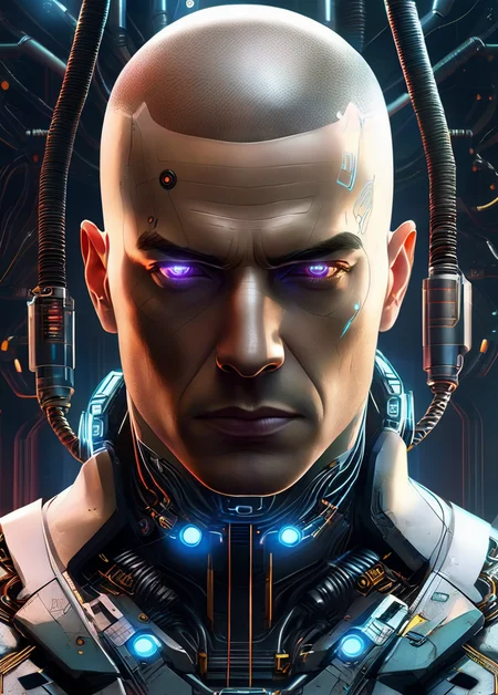 1boy, android, bald, cable, closed mouth, cyberpunk, cyborg, looking at viewer, male focus, mechanical parts, realistic, science fiction, solo, upper body