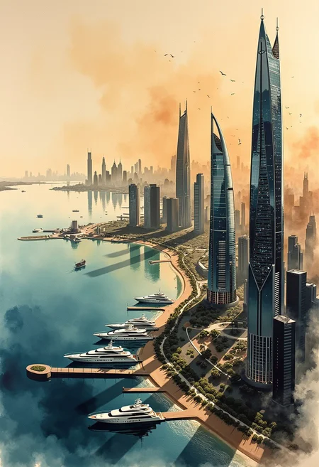A sweeping coastal cityscape unfurls across delicate rice paper, painted with expressive ink splashes and translucent watercolor washes. The skyline bristles with ultramodern skyscrapers—sleek, asymmetrical, and luminescent, and superyachts line the harbour—rendered in layered tones of rich sepia, burnt henna, and jet ink. clear, gradient sky, diffused into the paper’s fibers. This piece blends classic East Asian ink painting aesthetics with futuristic precision—think Hokusai meets Syd Mead. Lighting is soft but radiant, as if internal energy pulses through the city’s veins. Emphasize broad brushwork, chaotic ink bursts, and delicate tonal transitions