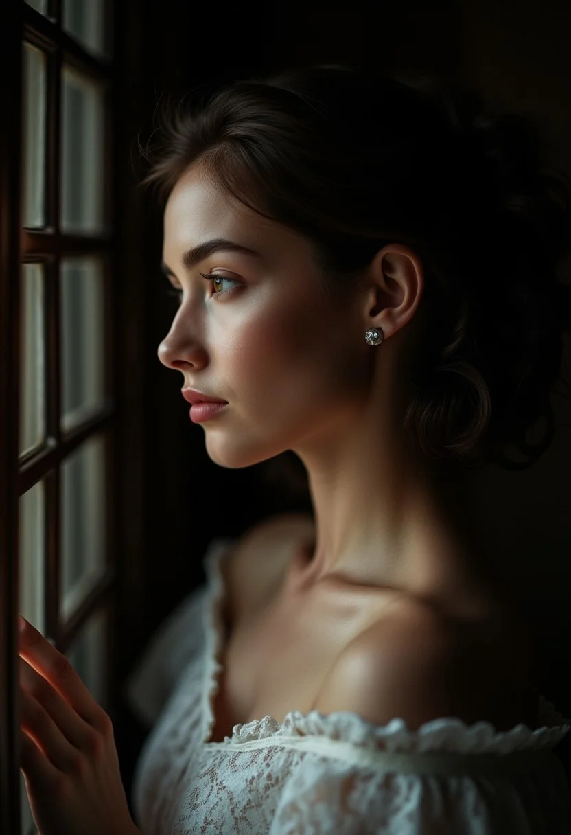 Beauty, realism, cinematography, chiaroscuro, rays of light, play of shadow and light, cinematic quality, cinematic style.
"Side profile of a young woman with delicate features, captured in a dramatic low-key lighting style. The light falls softly on her face, highlighting the contours of her cheeks and collarbone, while leaving the background in deep shadow. She is wearing an off-the-shoulder lace dress, with intricate details visible in the soft lighting. The atmosphere is intimate and serene, with a cinematic focus on the play of light and shadow on her skin, creating a mood of quiet introspection and elegance.",