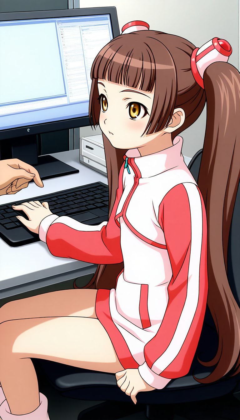 general,highres, ultra-detailed,very aesthetic,best quality ,best hands,  BREAK <lora:Amy_BA_IS:1>Amy_BA, twintails, long hair, brown hair, brown eyes, blunt bangs, flat chest, yellow eyes, 
1girl, computer, long sleeves, blunt bangs, solo focus, bangs, blue jewelry, sitting, 
monitor, screen, solo,