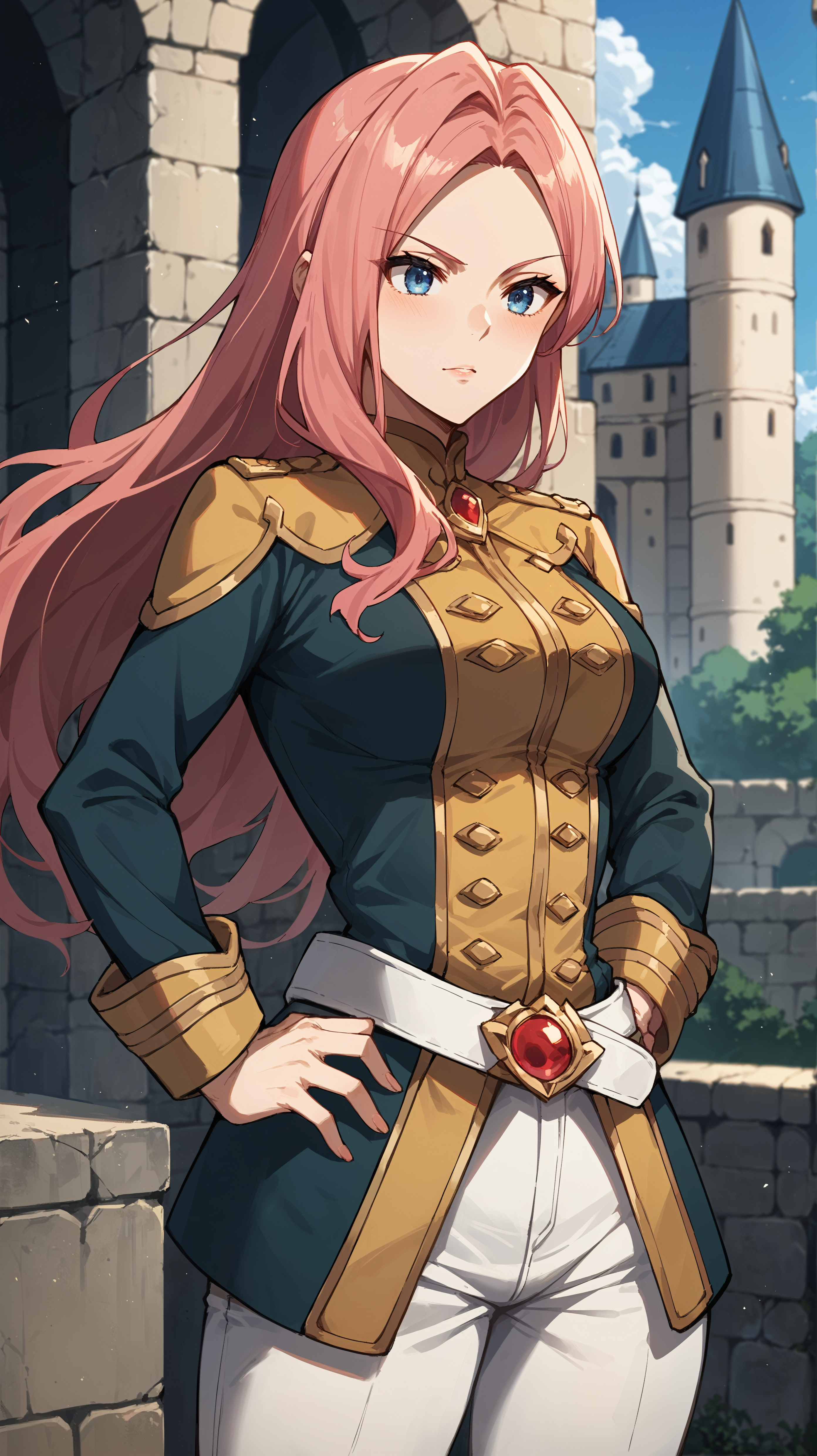 score_9,score_8_up,score_7_up,score_6_up, source_anime, zPDXL3, <lora:xl_more_art-full_v1:0.5>, woman, dynamic pose, hands-on-hips, <lora:Eclair Seaetoo - Pony:0.8>, long hair, pink hair, blue eyes, teal and gold military uniform, white pants, white belt, white pants, gold front, yellow military uniform, castle walls, horizon, depth of field, on the edge,