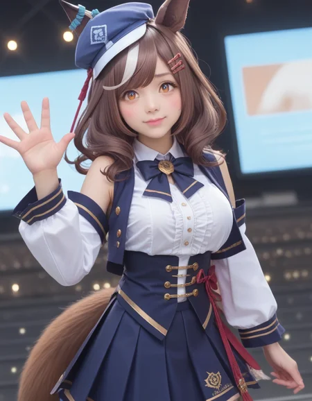 score_9, score_8_up, score_7_up, best quality, masterpiece,(realistic,real, photo realistic:1.4),cowboy shot,knee up,Cool pose,dynamic pose, female,gigantic breasts,bouncing breast , animal ears, aqua eyes, black hair, black necktie, black thighhighs, blush stickers, bow, bowtie, , detached collar, detached sleeves, embarrassed, fox ears, fox girl, fox tail,  long hair, long sleeves, looking at viewer, necktie, orange eyes, pleated skirt, red bow, red bowtie, shirt, skirt, sweat, tail, thighhighs, tsurime, wavy hair, white shirt, yellow ascot, zettai ryouiki,light smile, <lora:[stage]:0.7>stage,audience,(crowd:1.4),(big screen monitor:1.4),umamusume,
<lora:tan.pony:0.65> tan, tan, school, tan, race,