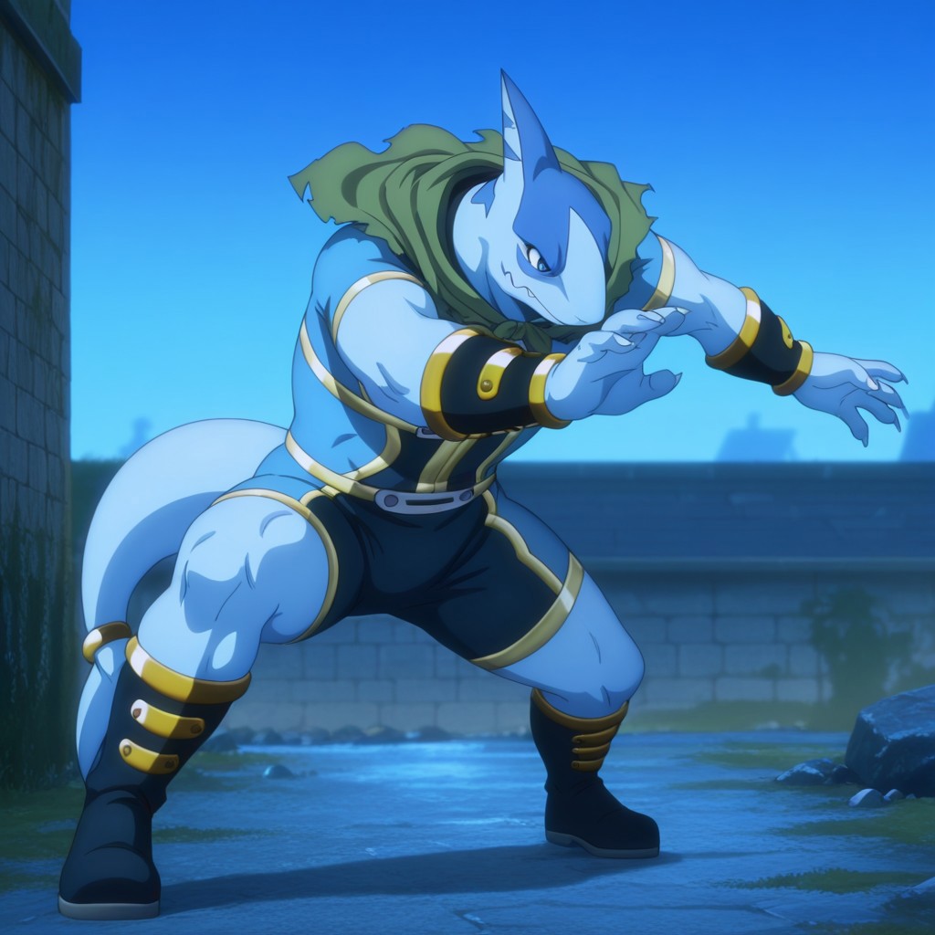 masterpiece, best quality, amazing quality, Arabaslfil, anthro, male, shark, blue skin, blue eyes,  gold trimmed blue bodysuit, gold armbands, gold trimmed dark blue bracers, gold trimmed dark blue boots, green capelet, gold tail ring, outside, fighting stance, 1boy, solo