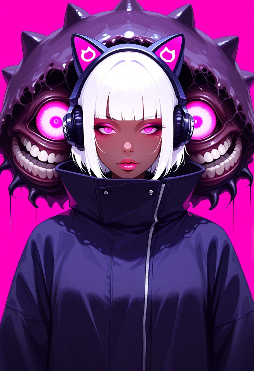 masterpiece, best quality, very aesthetic, absurdres, D1DVAP0, glitch, neon, dissociated, dissociative identity disorder,1girl, solo, pink background, pink eyes, animal ears, mole, simple background, fake animal ears, upper body, white hair, mole under eye, looking at viewer, headphones, blunt bangs, short hair, makeup, jacket, animal ear headphones, lips, high collar, cat ear headphones, dark-skinned female, coat, purple eyes, monster, horror (theme), glowing,