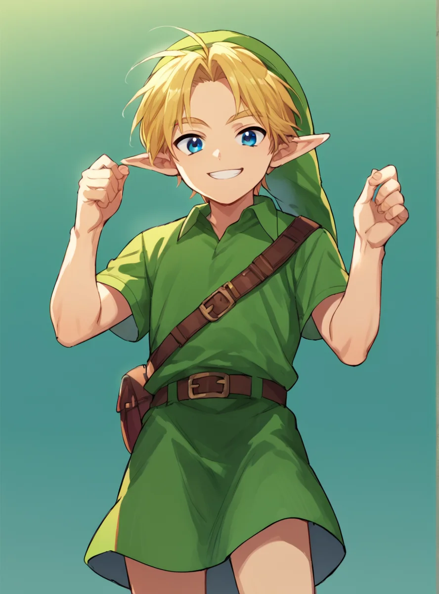 score_9, score_8_up, score_7_up, score_6_up, score_5_up, score_4_up , source_anime, anime screencap <lora:Young_linkPony-03:1>younglinkxl,younglink, 1boy, blonde hair, male focus, pointy ears, hat, solo, blue eyes,smile, skirt,