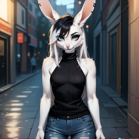 digital_media_(artwork) hi_res, score_9, score_8_up, score_7_up, score_6_up, score_5_up, score_4_up, rating_safe, beautiful, intricate, high quality details, highly detailed, amazing quality, anthro, furry, female, detailed textured fur, fur tufts, fluffy, cute, small, detailed sexy eyes, solo, SFW, rabbit, lop ears, expressive, sassy, long sleeveless halter neck sweater, baggy denim pants, clothed slim, clothed slender, clothed skinny, multicolored hair, streaked hair, absurdres, highres, goth, heavy eyeliner, heavy eye shadow, breasts,