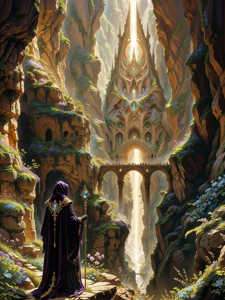 epic high fantasy scene, inspired by classic landscape artists with elements of romanticism, oil on canvas, low angle view emphasizing the dramatic scale, and a sense of awe in the presence of natureâs grandeur, dappled sunlight, a secluded otherworldly valley in a mystical world, framed by steep, towering cliffs covered in lush, ancient flora, leading the eye toward a distant, grand eldritch spire that rises majestically on the horizon, in the foreground, a lone figure dressed in flowing, ornate black robes stands by a reflective pool, gazing toward the distant spire, the valley floor is scattered with moss-covered rocks and shallow pools that mirror the soft, dappled light from above, bioluminescent plants in shades of teal to cyan line the cliff edges, casting subtle blue glows that blend harmoniously with the warm, natural tones of the landscape, the distant spire is partly veiled in mist, evoking a mysterious, ancient quality, the hooded figure embodies the romantic spirit of manâs smallness before nature, standing in quiet reverence, as if on a pilgrimage through a forgotten world, the figure wears a dark, flowing luxurious robe with a hood and holds a long ornate symmetrical staff with a large gleaming sapphire, adding an air of mystery, her stance is still and purposeful, suggesting a moment of introspection or awe as she takes in the sublime view before her, the format is a medium-long shot with a low angle view to enhance the towering cliffs and spire, creating a dramatic perspective that emphasizes the sheer scale of the landscape, with the viewer looking slightly upward, adding to the impression of vastness and grandeur, a soft, golden light suffuses the scene, reminiscent of early morning, casting gentle highlights across the foliage and creating a warm glow on the figure and rocks, the faint blue of the bioluminescent flora contrasts with the beige tones, adding a mystical quality to the scene, delicate mist drifts between the cliffs, enhancing the ethereal, dreamlike atmosphere, traditional oil on canvas, with soft brushstrokes capturing the textures of the cliffs, foliage, and soft reflections on the water, subtle transitions between light and shadow evoke a sense of depth and mystery, high attention to detail in the plants and figure, while the distant elements are painted with a softer focus to draw attention toward the foreground, mage staff with a large ornate head, narrow waterfall and an awe-inspiring beautiful arched bridge in the distance, high fantasy architecture, muted colors, amanoer, style of carl spitzweg, <lora:style-carl_spitzweg-flux-by_tangbohu:0.6> <lora:style-yoshitaka_amano-elden_ring-flux-by_alicient:0.96> <lora:style-fantastic_landscapes-flux-by_artifyai:0.44> <lora:epic_gorgeous_details-balance-flux-by_flyway:0.8>